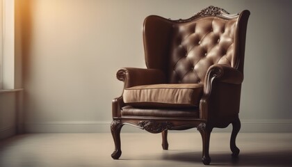 Classic English armchair on the background of an empty wall. Sunset light on the wall