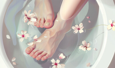 Feet with clear nail varnish in water with floating cherry blossoms. Concept art of spa therapy and self-care . Design for wellness poster, spa r, beauty therapy flyer.