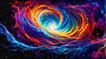 Abstract background of interstellar universe, colorful rays and planets