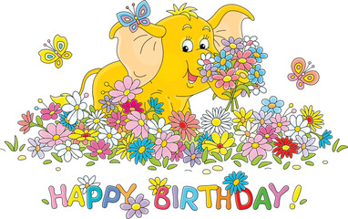Happy birthday card with merry butterflies and a cute baby elephant holding a bouquet of colorful summer flowers, vector cartoon illustration on a white background