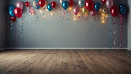 birthday interior wall background with floor and space for text - obrazy, fototapety, plakaty