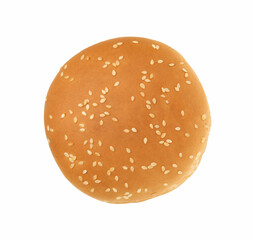 One fresh hamburger bun isolated on white, top view