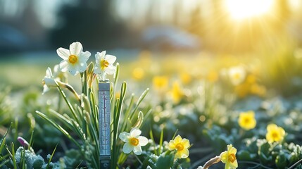 temperature measurement in spring time, ending winter - obrazy, fototapety, plakaty