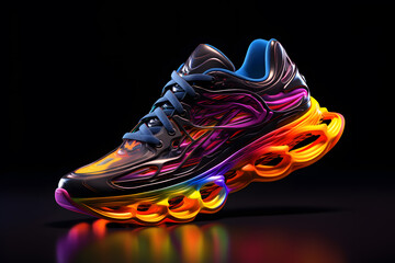 Creative bright sneakers in neon colors isolated on black background. Sport footwear