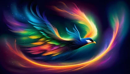 Schilderijen op glas A digital artwork of a phoenix bird made up of swirling green and purple lights © Iqra