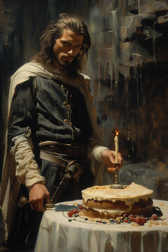 Painting of man wielding sword as he cuts cake for celebratory occasion holding candle