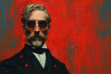 Fototapeta premium Painting depicting man wearing glasses and sporting mustache