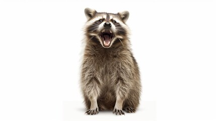 Obraz premium A whimsical happy raccoon laughing, full body on a white background. Close up of a raccoon facing a white background. Generated by artificial intelligence.