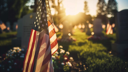 American flags placed at military graves, solemn and respectful, Memorial Day tribute to fallen soldiers, serene cemetery landscape - obrazy, fototapety, plakaty