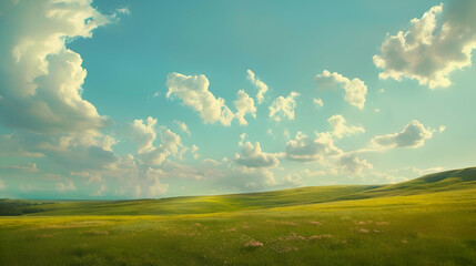 A picturesque summer landscape with rolling hills, lush green fields, and a clear blue sky dotted...