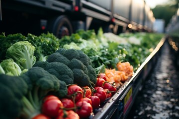 A vintage truck travels through a sunlit field, carrying an assortment of fresh vegetables
