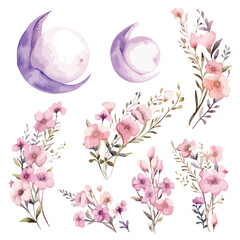 Watercolor Floral Moons Clipart