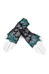 Subject shot of patterned  black and green lace mittens. The pair of short red mittens is isolated on the white background. Front view.