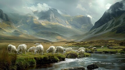 White sheep grazing on the moors of the Scottish Highlands.