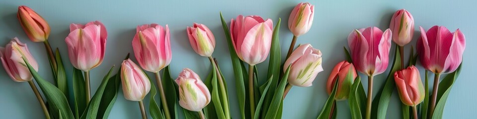 Bouquet of pink tulips on pastel blue background, banner. Greeting card for Mother's Day, Woman's Day, Easter, Valentine's Day, Wedding, and Birthday celebration.