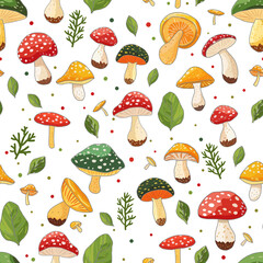 Seamless background with drawn bright forest mushrooms fly agarics, toadstools and leaves on a white background. Children's pattern with mushrooms