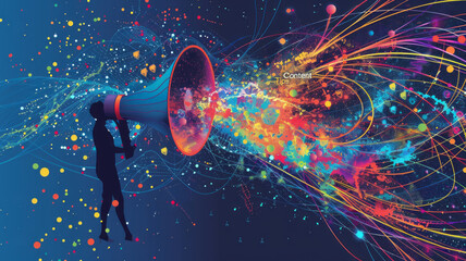 Captivating LinkedIn data visualization: Colorful vortex swirls depict engagement and reach, with a central figure holding 'Content Tips' megaphone.generative ai - obrazy, fototapety, plakaty
