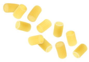 Raw rigatoni pasta falling on white background