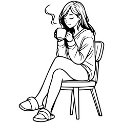 Woman Drink Coffee at Home Sketch Drawing.