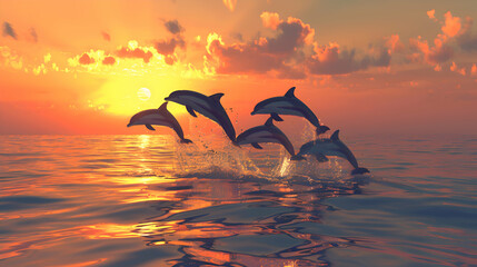 A pod of dolphins leaping joyfully out of the crystal-clear waters of the ocean, framed by a picturesque sunset