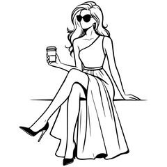 Fashion Woman Drink Coffee Sketch Drawing.