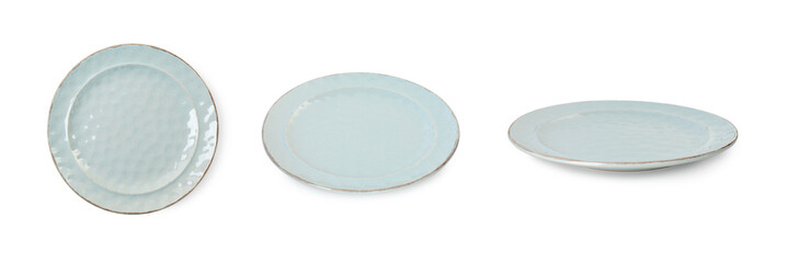 Empty ceramic plate isolated on white, set with different views
