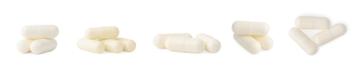 Collage of vitamin pills isolated on white