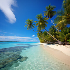 A tropical beach with palm trees and clear blue water
