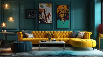 an AI to create a visually stunning depiction of a modern living room with a chic yellow curved tufted sofa 