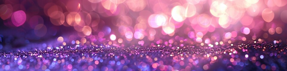 Abstract background with bokeh defocused lights. Panoramic banner. Vibrant purple and pink bokeh lights. - obrazy, fototapety, plakaty