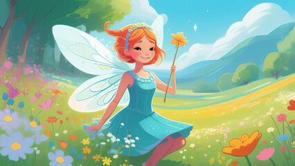 Obraz na płótnie Canvas a magical little fairy with wings and a magic wand in a fluffy dress floats in the air above a fragrant flower. against the backdrop of a flower meadow and beautiful sunligh