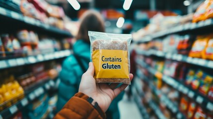 Person with gluten intolerance shopping in a supermarket, grocery aisle, grocery shopping, the challenge for people with food allergies while shopping, selecting gluten-free products, difficulty 