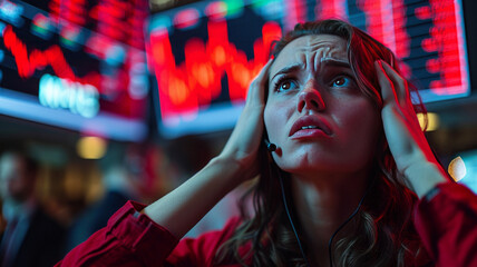 Wall Street investors, hands on head, gaze upward at red charts on crowded trading floor, conveying...