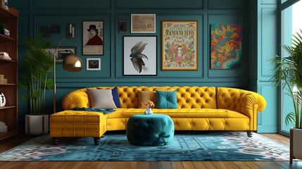 an AI to create a visually stunning depiction of a modern living room with a chic yellow curved tufted sofa a