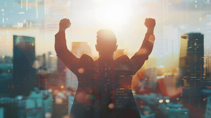 Back view of happy businessman raise hands in a silhouette double exposure. in the background is city view, success from working and following the plan - obrazy, fototapety, plakaty