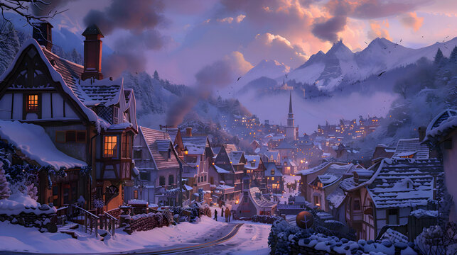 A quaint village nestled in a snowy valley, with smoke rising from chimneys and a fresh blanket of snow covering the rooftops