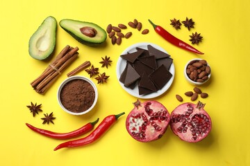 Natural aphrodisiac. Different products on yellow background, flat lay