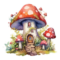 Watercolor Mushroom House Fantasy Clipart 