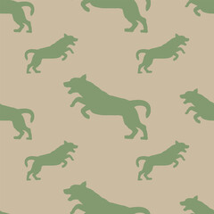 Running and jumping labrador retriever isolated on a brown background. Seamless pattern. Endless texture. Design for wallpaper, fabric, print. Vector illustration.