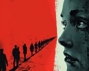 Craft a visually striking representation of influential movie scenes with a low-angle view, symbolizing strong political or social commentary Utilize graphic design techniques to amplify