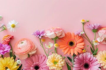 Beautiful flowers composition. Colorful flowers on pink background. Flat lay, top view, copy space