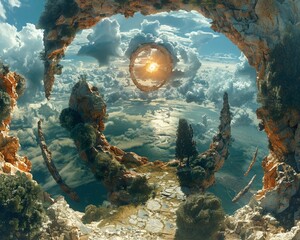 Embark on a visual journey of discovery with a wide-angle shot depicting a digital time capsule coming to life in a surreal virtual landscape - obrazy, fototapety, plakaty