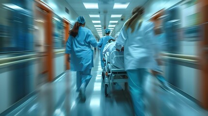 Medical team rushing patient on gurney through hospital corridor to operating theater with motion blur effect. Concept Emergency Response, Hospital Life, Medical Procedures, Critical Care