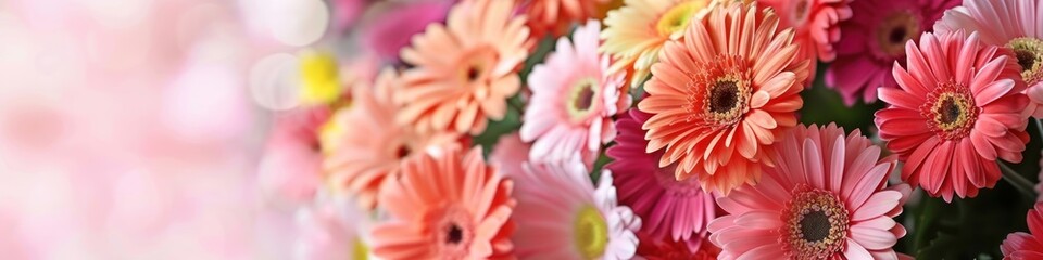 Beautiful gerbera flowers as background, closeup. Banner design - obrazy, fototapety, plakaty