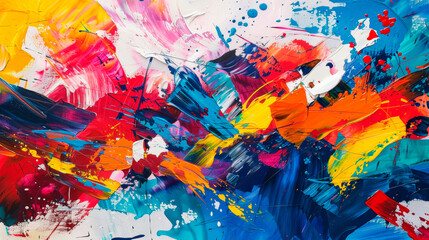 An abstract painting featuring bright colors and dynamic shapes. The colors blend and clash in a vibrant display, creating a sense of energy and movement. Banner. Copy space