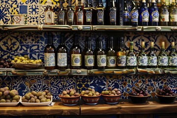 A ceramic-tiled stand displaying Mediterranean olives, oils, and vinegars.