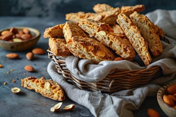 Biscotti di prato on a grey napkin background. Pile of traditional italian cantuccini nuts cookies - obrazy, fototapety, plakaty