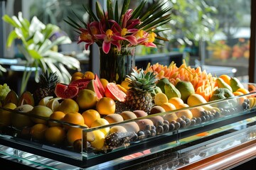 A glass-topped podium with a display of exotic fruits from around the world.