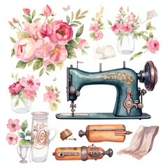 Watercolor Vintage Floral Sewing Clipart
