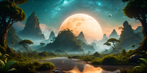 Jungle Exoplanet with a moon low in the sky. Alien World. - 763334512